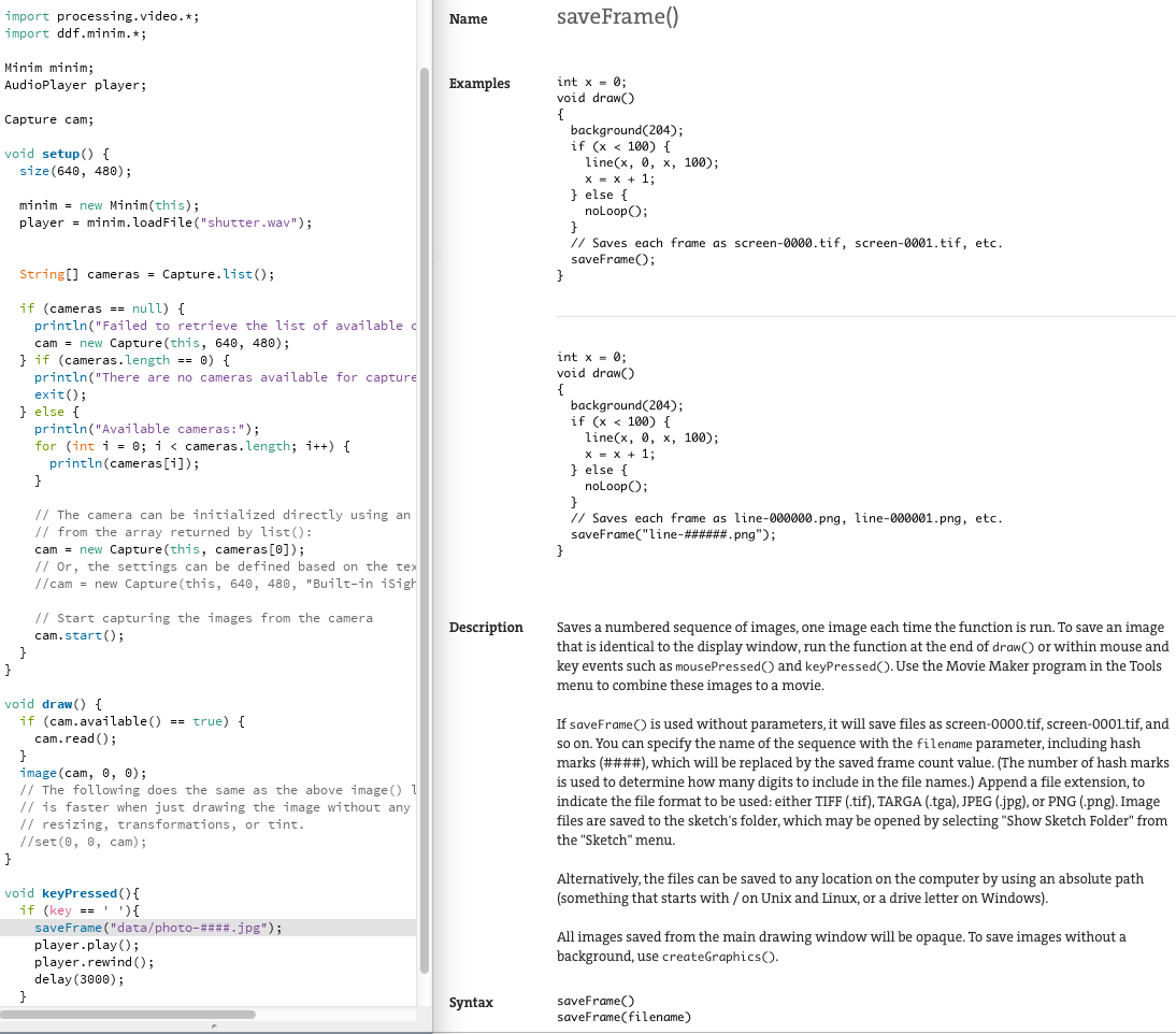 Screen of documentation of saveFrame() in Processing. Courtesy of pibook.gr Created on September, 2015. License: Attribution-NonCommercial-ShareAlike 2.0